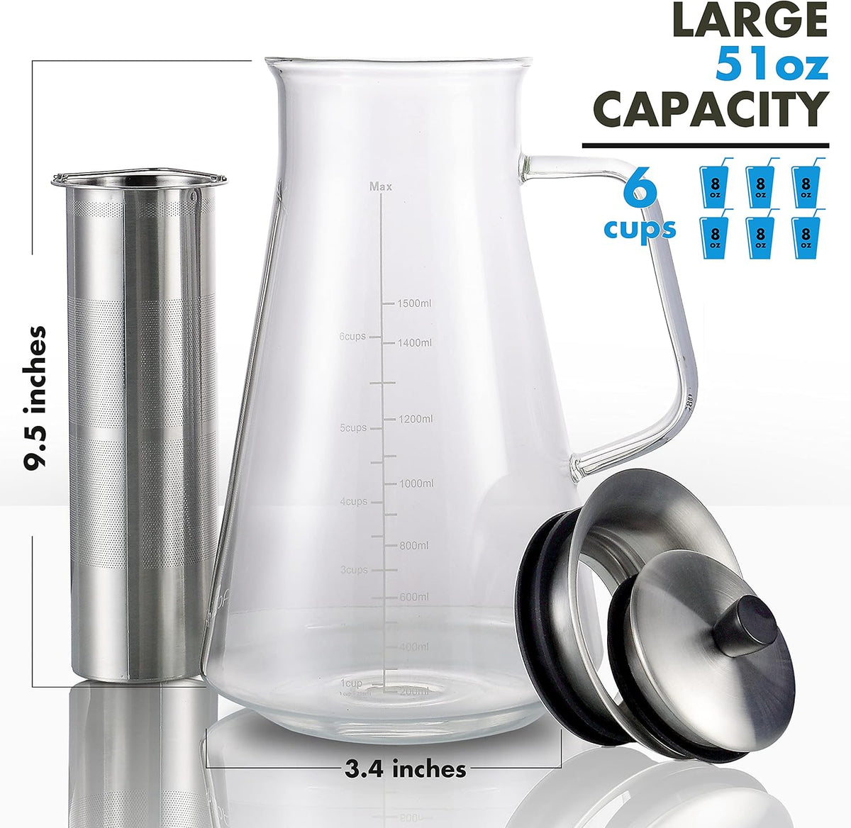 Aquach 51oz Cold Brew Maker, Borosilicate Glass Iced Coffee Tea Pitcher | Dishwasher Safe, Up to 2 Weeks Freshness, Tapered Stability, Refrigerator Fit, 304 Stainless Filter