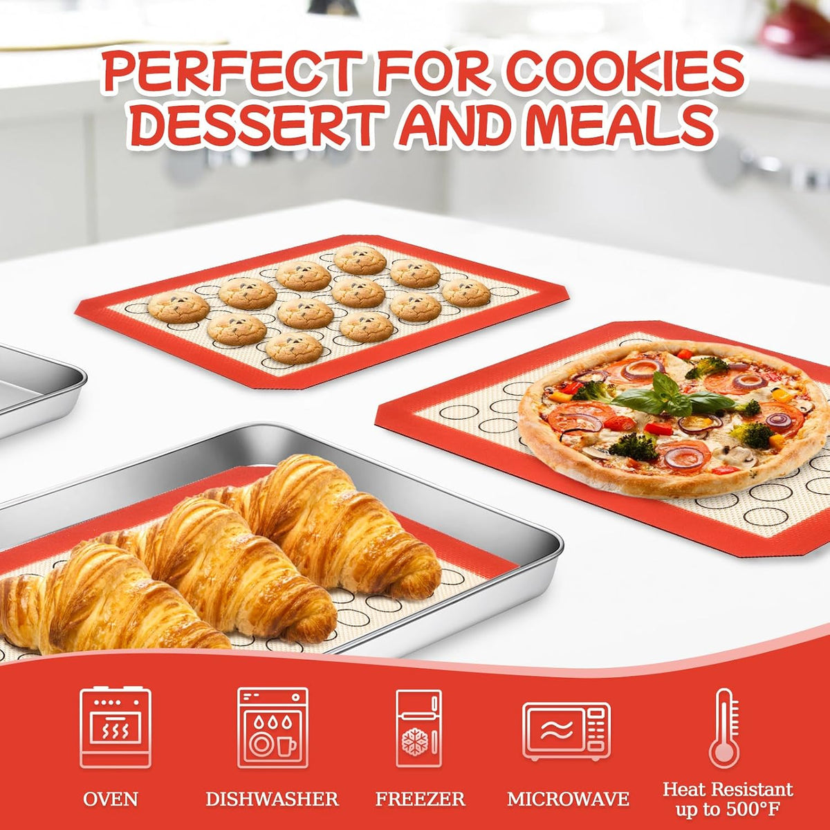 Baking Sheet with Silicone Baking Mat Set, Stainless Steel 3 Pans + 3 Mats | 9/10/12 Inches Cookie Sheets for Baking, CEKEE Baking Sheet Pan Set, Heavy Duty Design for Baking, Roasting and Cooking
