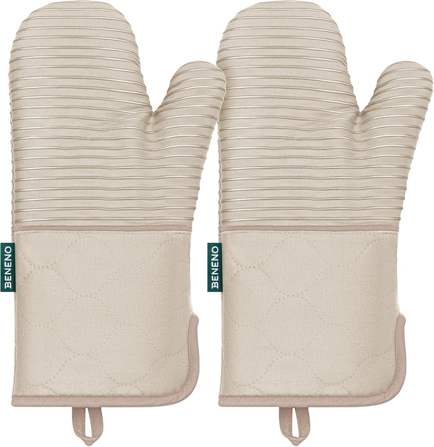 Beneno Heat Resistant 500°F Kitchen Oven Mitts 2-Pack, 7.5"x14.3", Beige | Textured Non-Slip Silicone Grip, Extra Long Forearm Protection, Soft Quilted Cotton Terry Lining, Ideal for Baking & Grilling