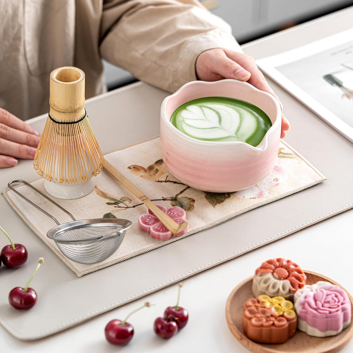 Matcha Whisk Set Ceramic Matcha Set Includes Bowl,Spout Bamboo Chasen Whisk with Ceramic Holder, Matcha Scoop and Stainless Sifter, Matcha Kit Valentine's Day Gifts for Women(7Pcs,Pink)