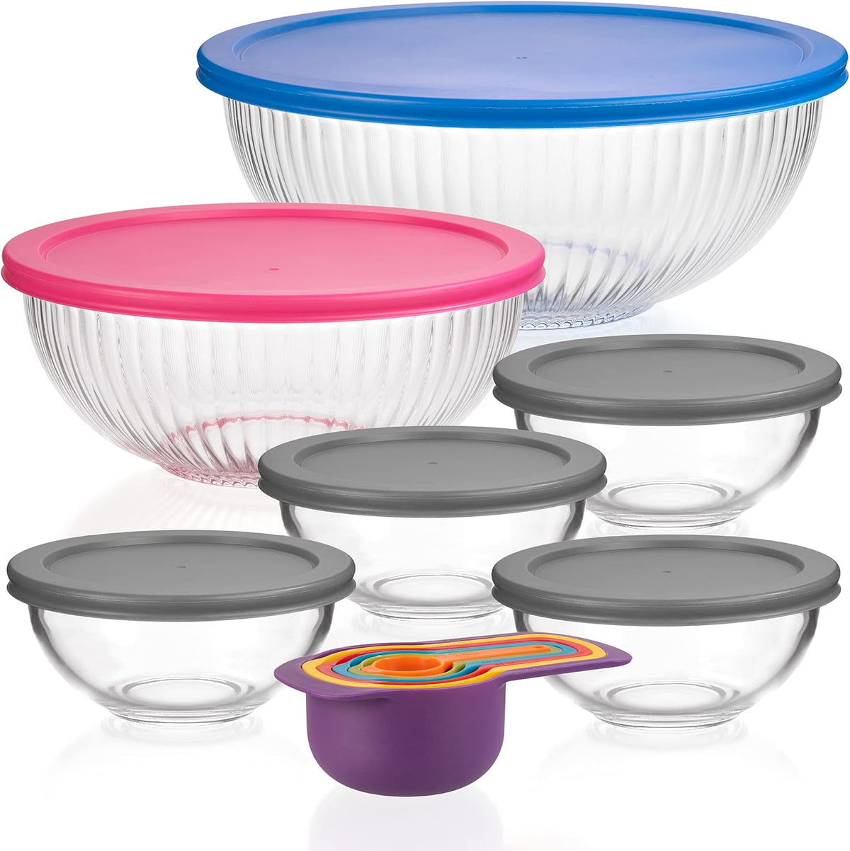 Set of 6 Stackable Space-Saving Nesting Glass Bowls | with BPA Free Lids for Foodprep, Storage, Baking, Mixing & Cooking, Microwave Safe - Durable Inert Borosilicate Glass