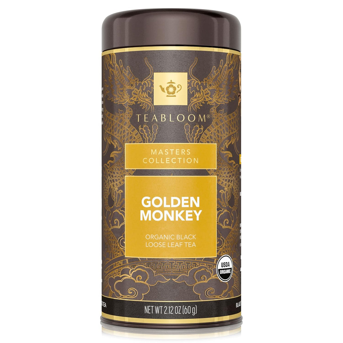Teabloom Organic Golden Monkey Loose Leaf Tea, USDA Certified Organic Black Tea, Lingering Aroma with Smooth and Malty Flavor, 2.12 Ounce Loose Leaf Tea Canister Makes 35-50 Cups