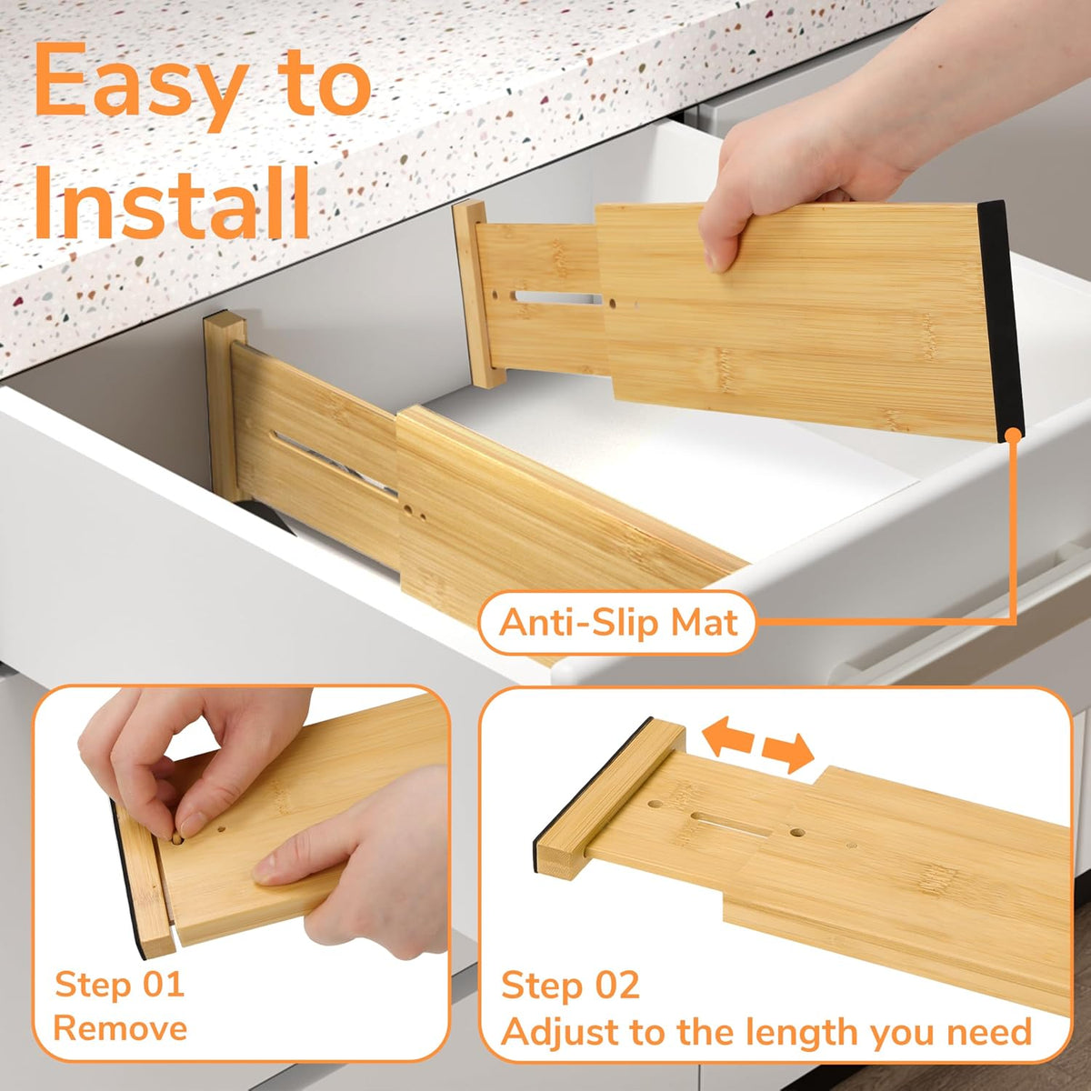 BAMEOS Bamboo Expandable Drawer Dividers – Fits 12.2"–17" Drawers, 4" Extra Deep Walls, Set of 4 | Tall Spring-Loaded Separator for Baby Dresser, Sock Drawer & Bathroom Cabinet