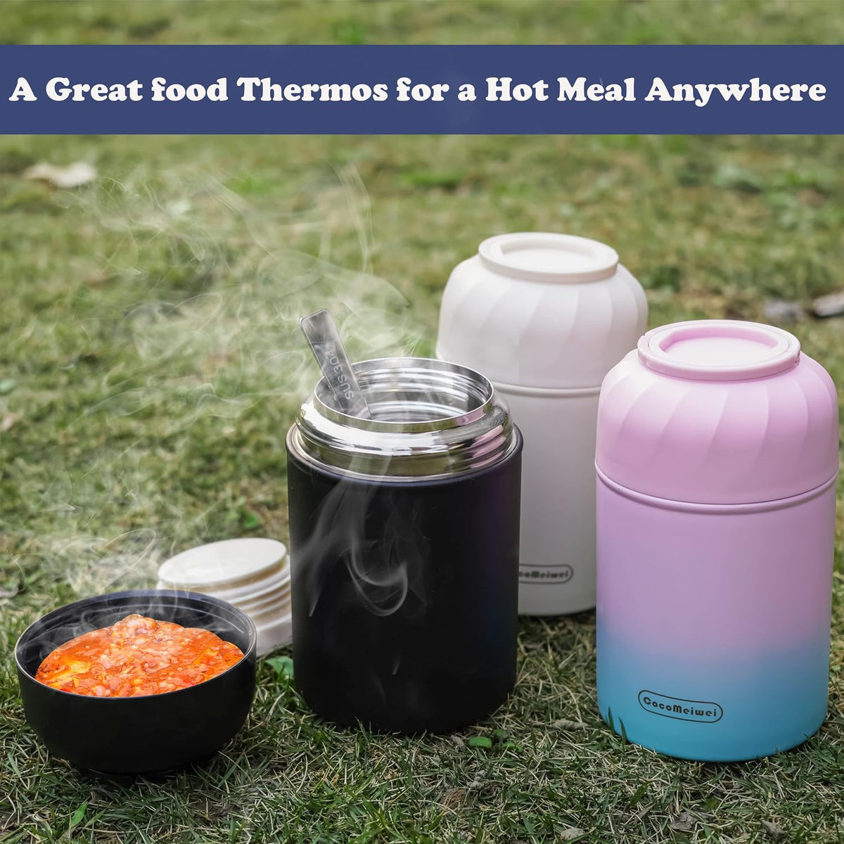 CocoMeiwei Thermo for Hot Food & Drinks, Thermo Lunch Box, 17oz Vacuum Insulated Food Container with Spoon&Drawstring Bag