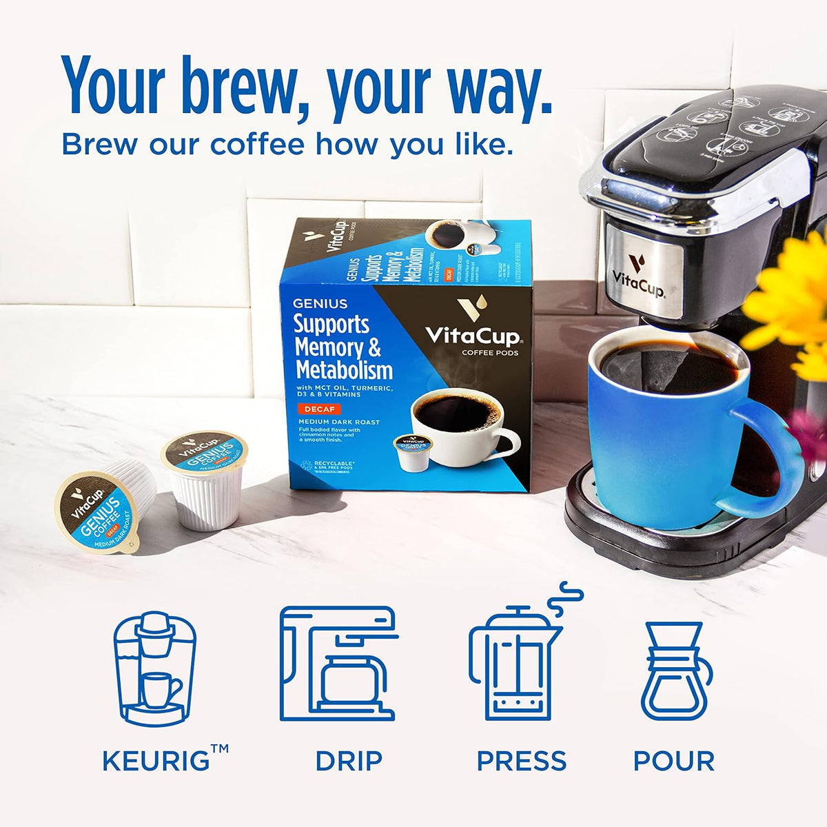 VitaCup Decaf Genius Keto Coffee Pods with MCT Oil, Turmeric, and Vitamins B1, B5, B6, B9, B12, D3 for Focus in Recyclable Single Serve Pod Compatible with K-Cup Brewers Including Keurig 2.0, 64 CT | D3, MCT Oil, Turmeric