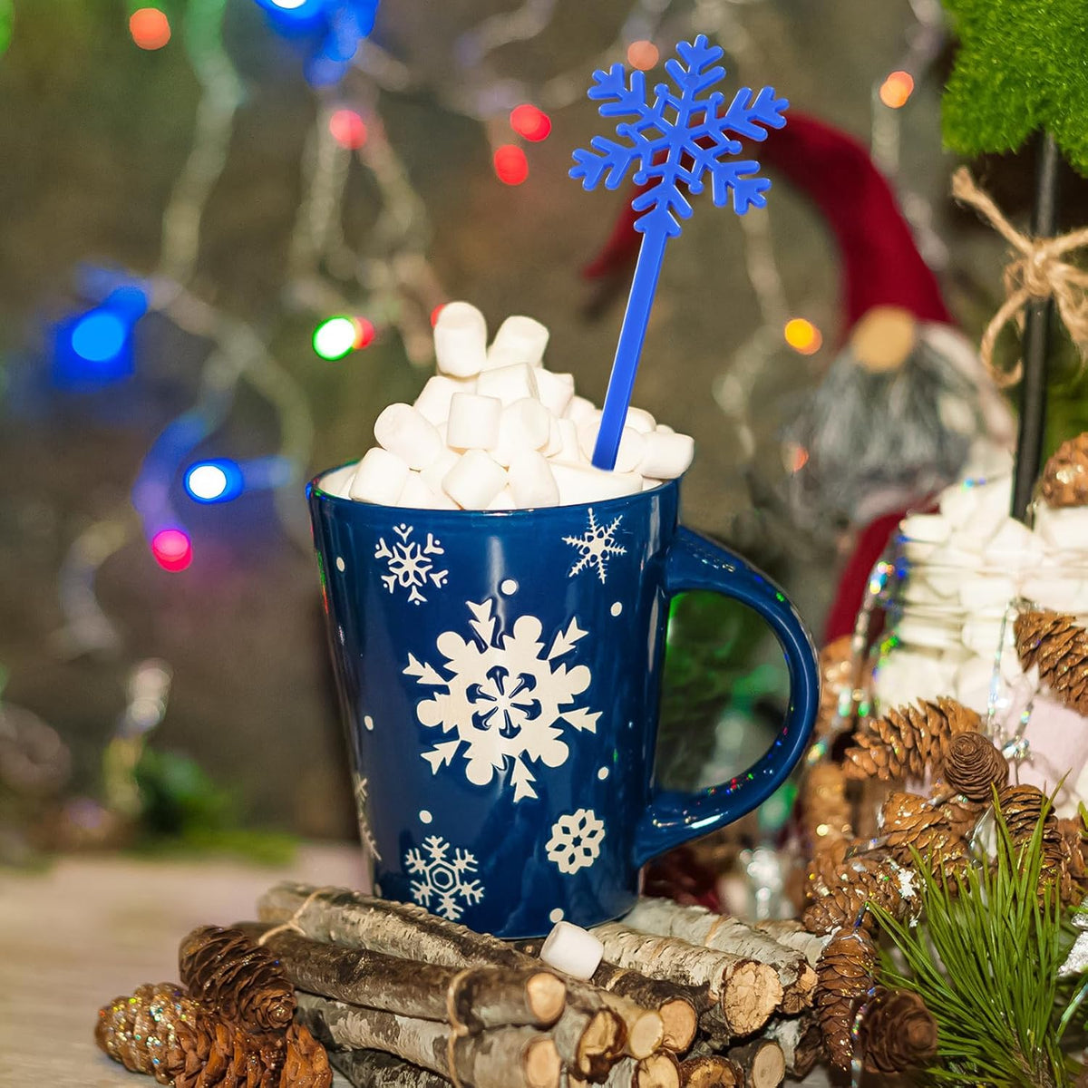 30 Pcs Christmas Drink Stirrers Xmas Stir Stick Holiday Coffee Swizzle Stick Reusable Plastic Hot Cocoa Bar Chocolate Decoration Cocktail Mixer(Blue Snowflake,Blue White)