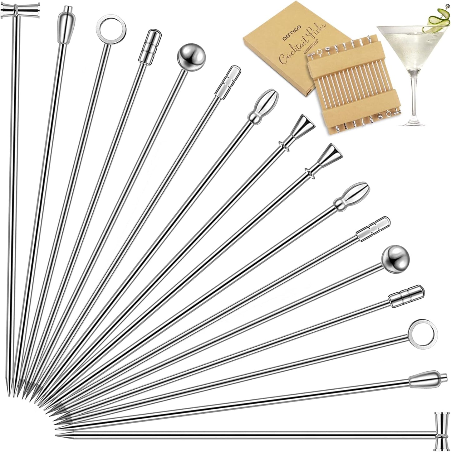 DEMIGO Cocktail Picks 16pcs, 8 New Styles Stainless Steel Reusable Olive Stuffers Martini Pick set F