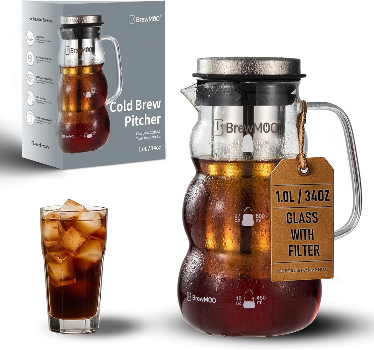 Cold Brew Coffee Pitcher (1.0L/34oz) - Elegant Sleek Wave Borosilicate Glass Pitcher with 100um 304