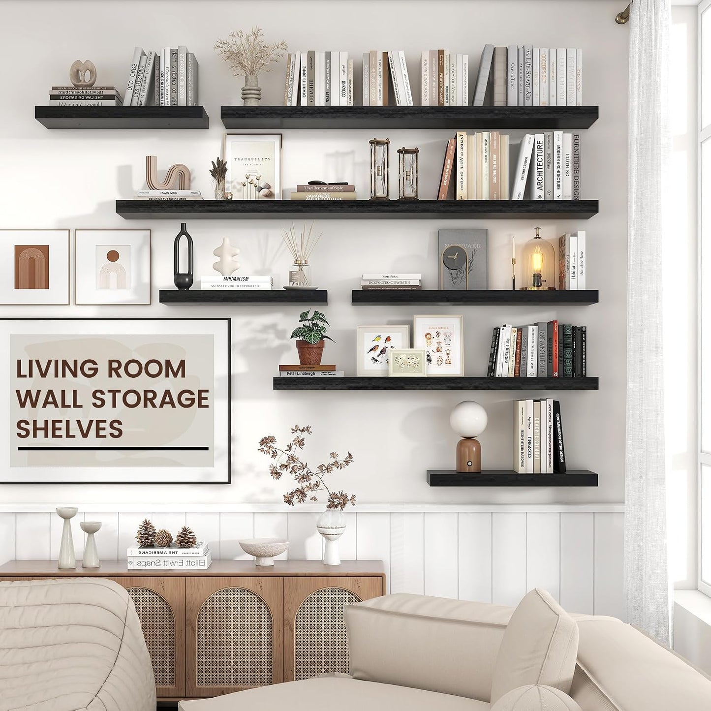 Venusmiles Floating Shelves for Wall, Engineered Wood Wall Shelves with Invisible Brackets for Living Room Bedroom Bathroom Office Kitchen Decor and Storage (Black, 72" W x 9" D x 1.5" H) Set of 1