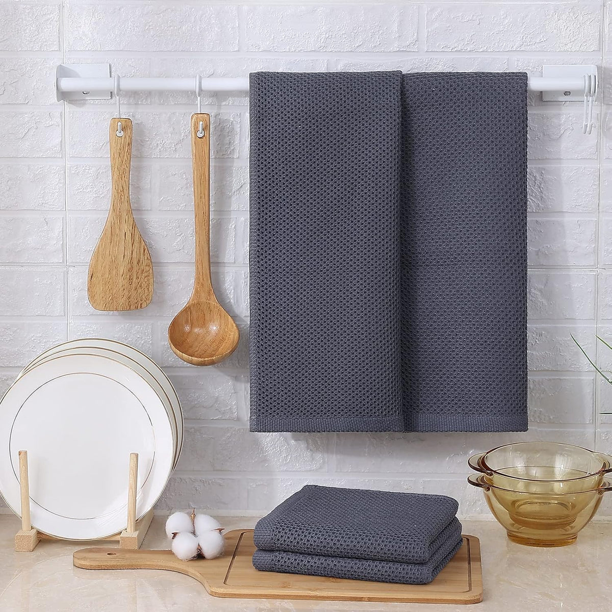 Kitinjoy 100% Cotton Waffle Weave Kitchen Towels, 12-Pack Super Soft and Absorbent Kitchen Dish Towels for Drying Dishes, Kitchen Hand Towels, 13 in x 28 in, Dark Grey