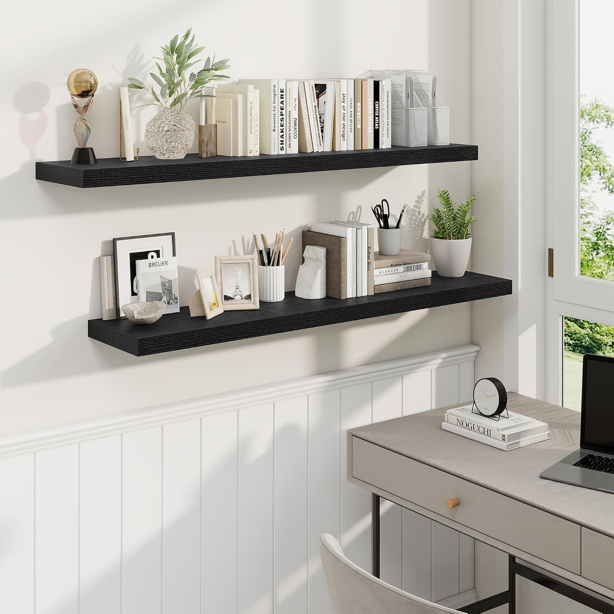 Fun Memories 48 Inch Black Floating Shelves, 9.3 Inch Deep Wall Shelves for Living Room|Bedroom|Kitchen, Rusitc Wall Mounted Bathroom Shelves 2 Pack, Heavy-Duty Deep Shelf for Books,Decor