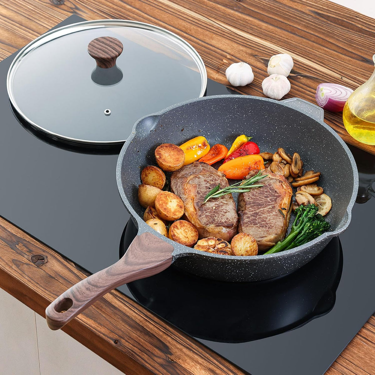 SENSARTE Nonstick Deep Frying Pan Skillet, 12-inch Saute Pan with Lid, Stay-cool Handle, Chef Pan Healthy Stone Cookware Cooking Pan, Induction Compatible, PFOA Free