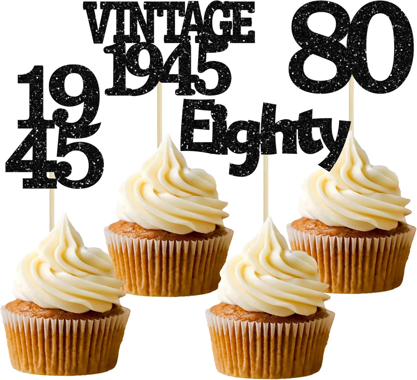 Gyufise 24Pcs Vintage 1945 Cupcake Toppers Glitter Cheers to 80 Fabulous Eighty Cupcake Picks 80th B