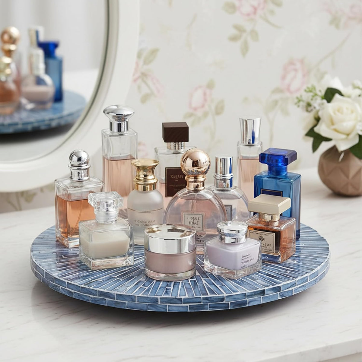 PEMAR 12.6” Handcrafted Mother of Pearl Blue Starburst Lazy Susan – Rotating Centerpiece for Dining Table, Elegant Beach House & Farmhouse Home Décor, Luxury Hostess & Housewarming Gift