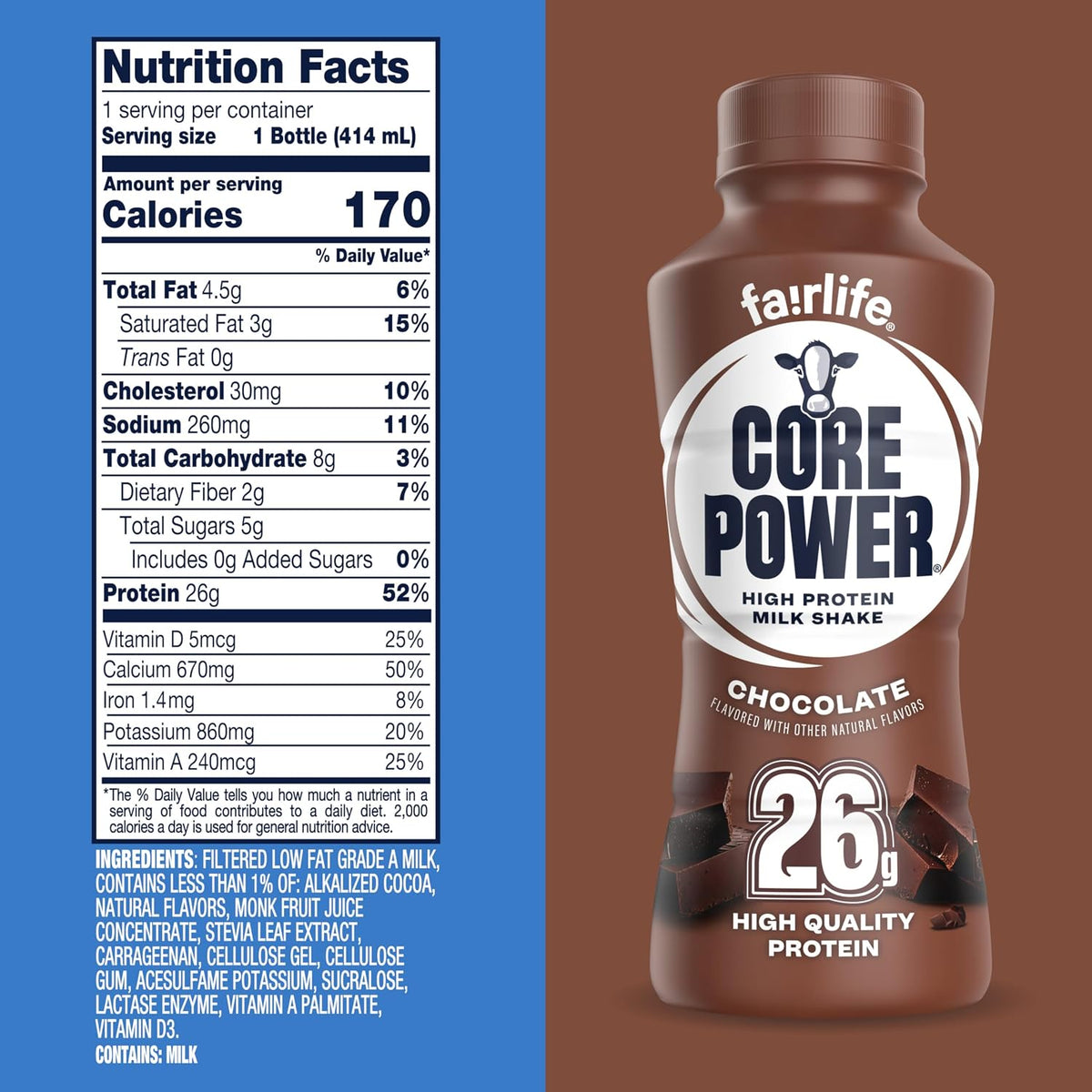 Core Power Fairlife 26g Protein Milk Shakes, Liquid Ready To Drink for Workout Recovery, Chocolate, 14 Fl Oz Bottle (Pack of 12)