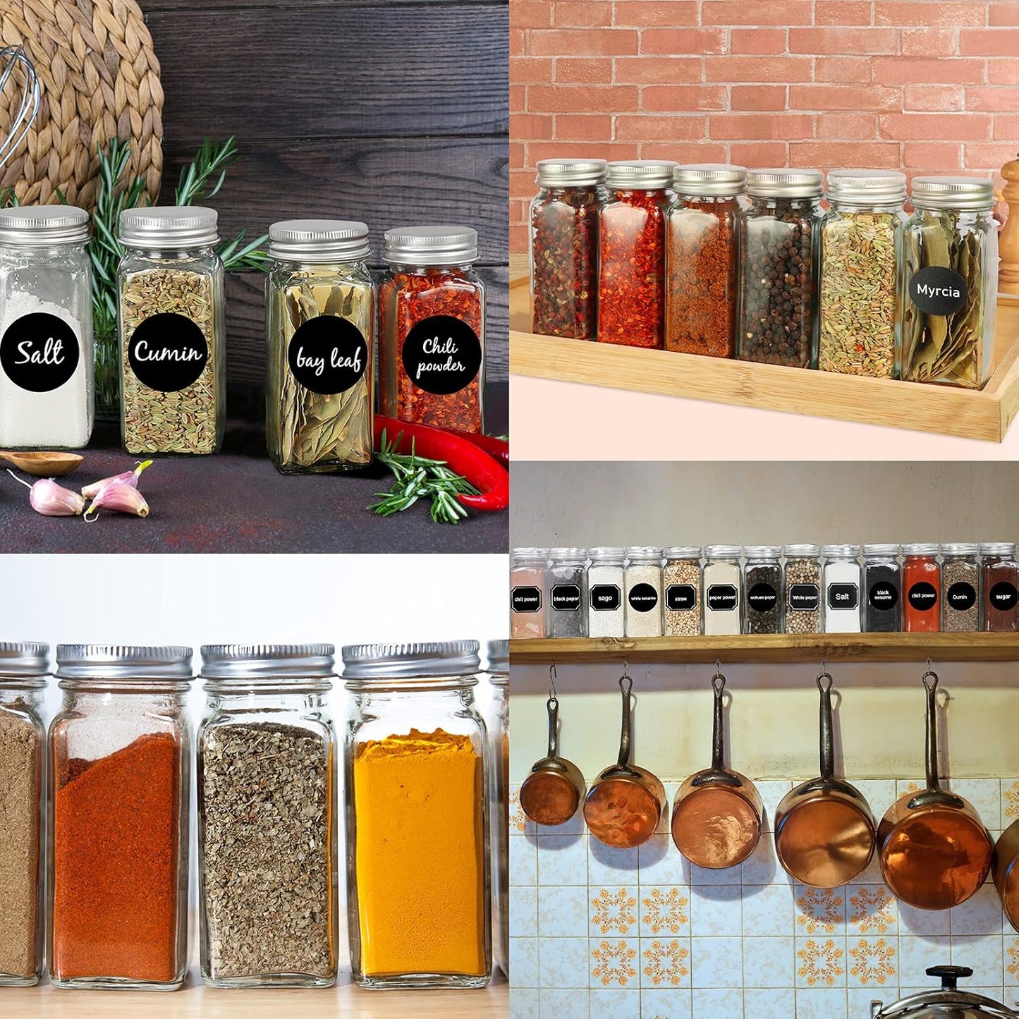 CycleMore 48 Pack 4oz Glass Spice Jars with Metal Caps and Shaker Lid