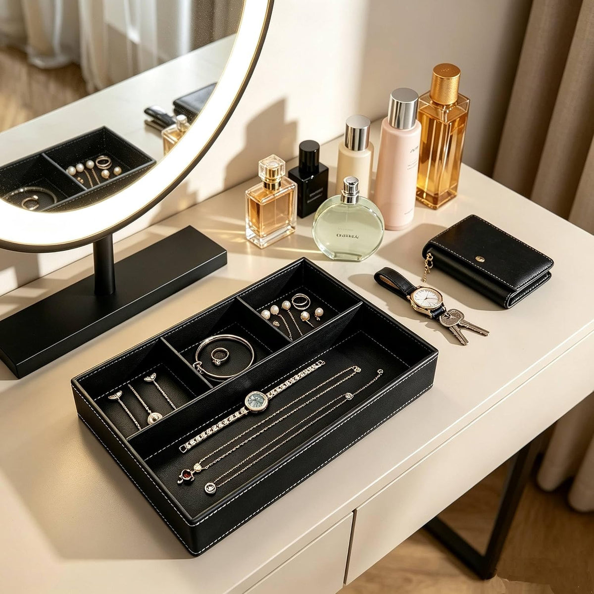 Desktop Glove Box, Nightstand or Dresser Organizer, Valet Tray, Entry Table Organizer, Dresser Storage Box,PU Leather Drawer Storage Decorative Trays.