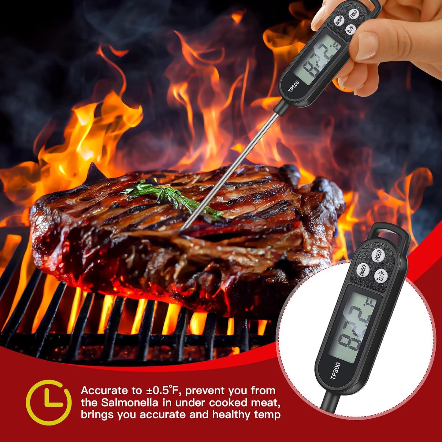6 Pcs Food Thermometer Instant Read Probe BBQ,Black,White,Red | Meat Water Liquid Digital Waterproof Thermometer Kitchen Cooking Supplies for Cooking Milk Yogurt