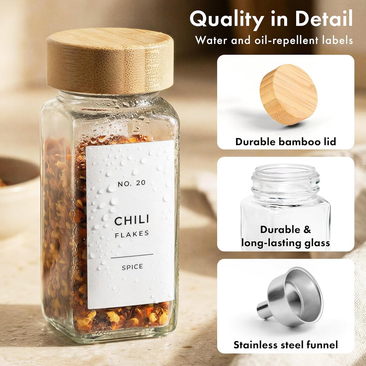 EDELHAUS Glass Spice Jars with Label, 24x Bamboo Wooden Lids - White Labels