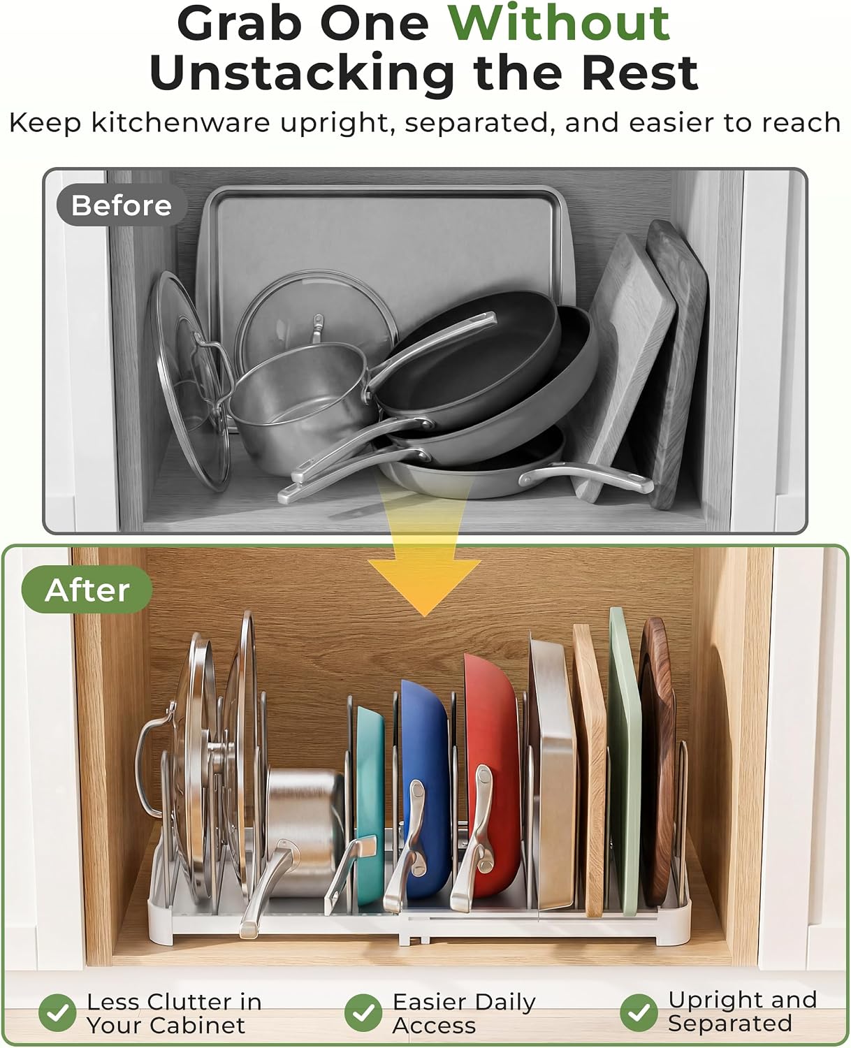 EVERIE Pot Lid Organizer, Adjustable 12.6"-21.5" Bakeware Rack for Cabinet
