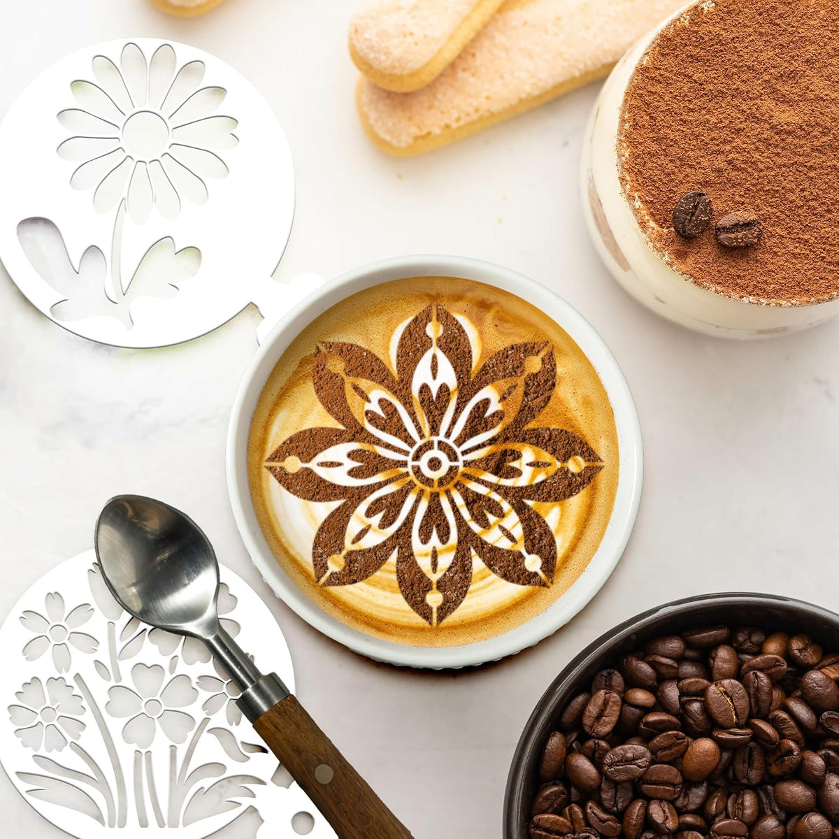 Sitsink Mandala Coffee Stencils Reusable - 25 Pcs Flower Stencils for Cookies Sourdough Bread Decor, Rangoli Mandala Baking Templates