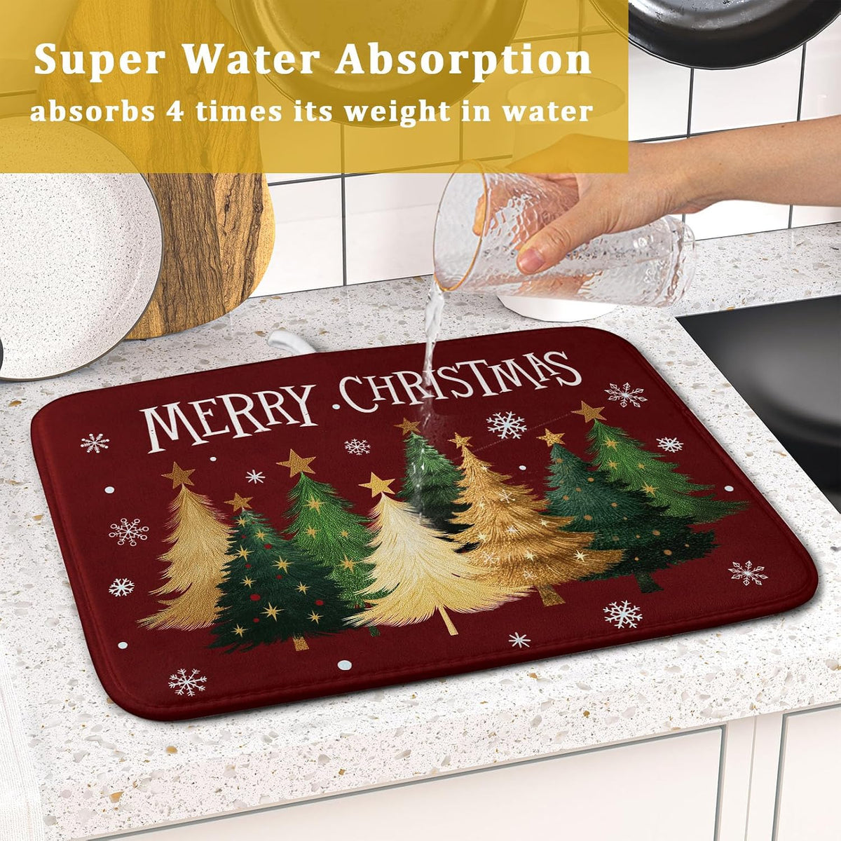Xmas Tree Red Dish Drying Mat for Kitchen Counter,Winter Snowflake Drying Mat 16 x 18 Inch with High Absorbent Microfiber Drainer Mat for Coffee Bar