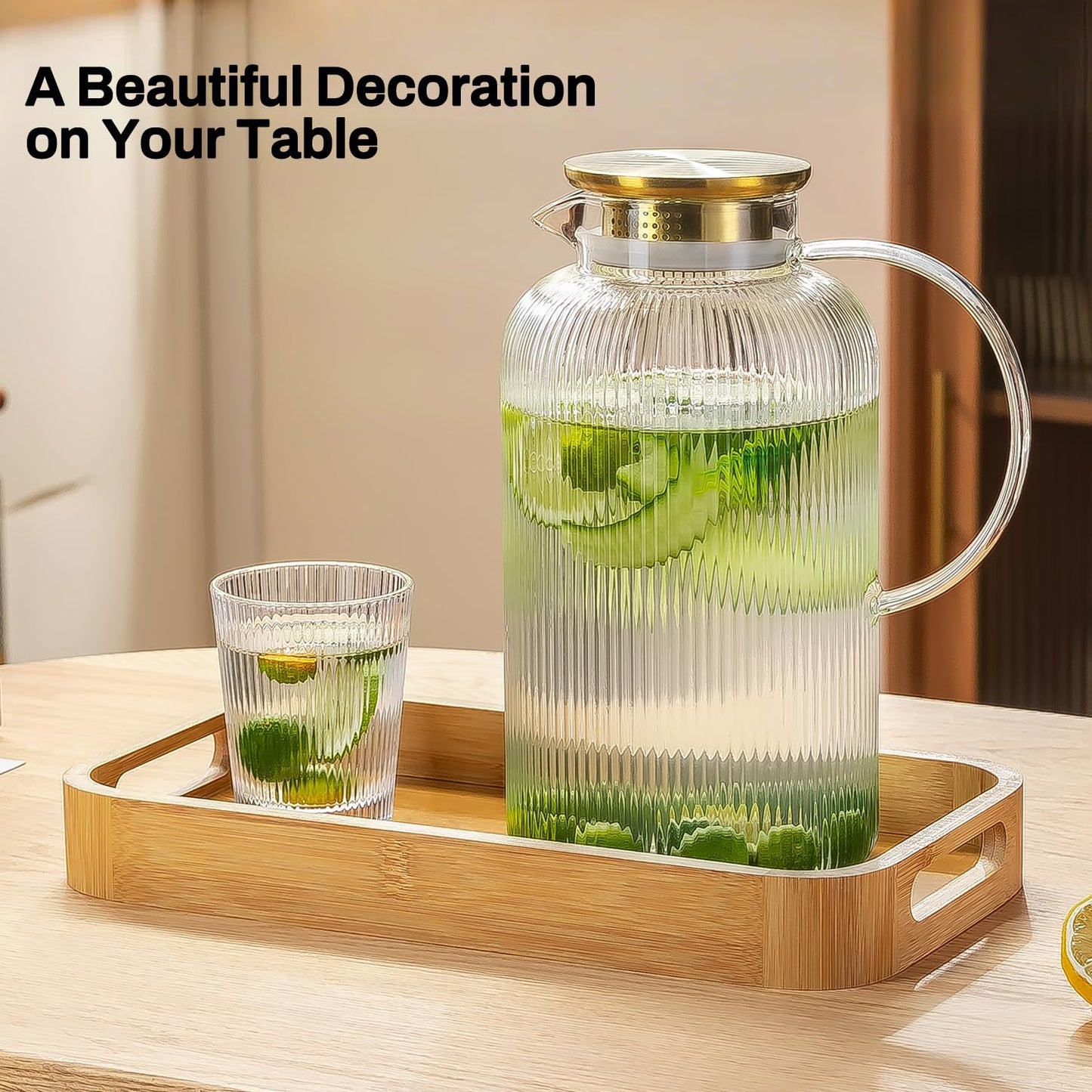 Buaic 2 PACK Glass Pitcher with Lid, 100 oz/ 3L Glass Water Pitcher | Classic Vertical Stripes Glass Water Jug with Handle,Glass Water Pitcher for Cold Brew, Coffee,Iced Sun Tea,Beverage,Cold/Hot