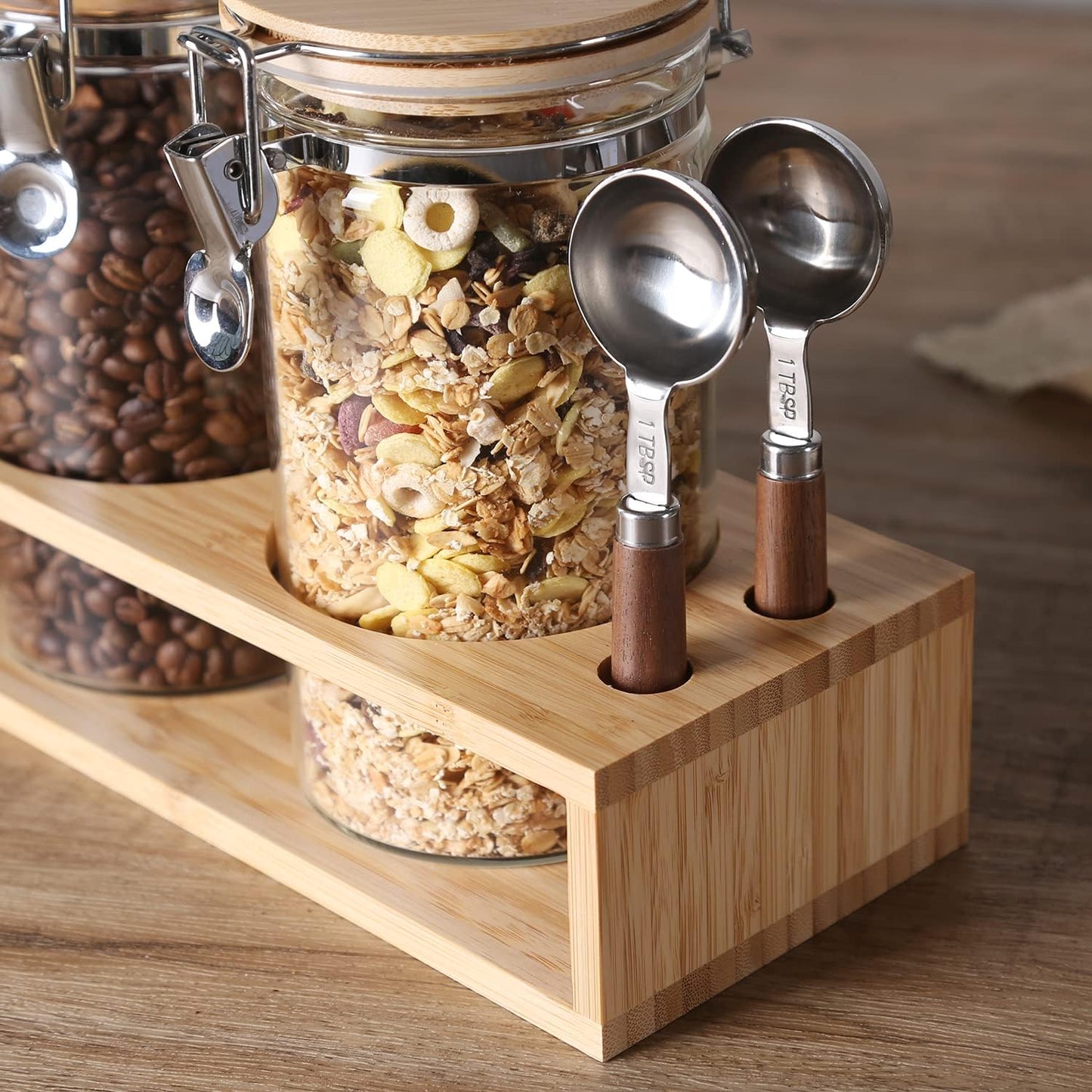 KKC Glass Coffee and Sugar Containers with Airtight Hinged Lids,Sealed Glass Jar Canisters with Scoops for Ground Coffee,Beans,Loose Leaf Tea,Nuts,Matcha,40 Fl oz