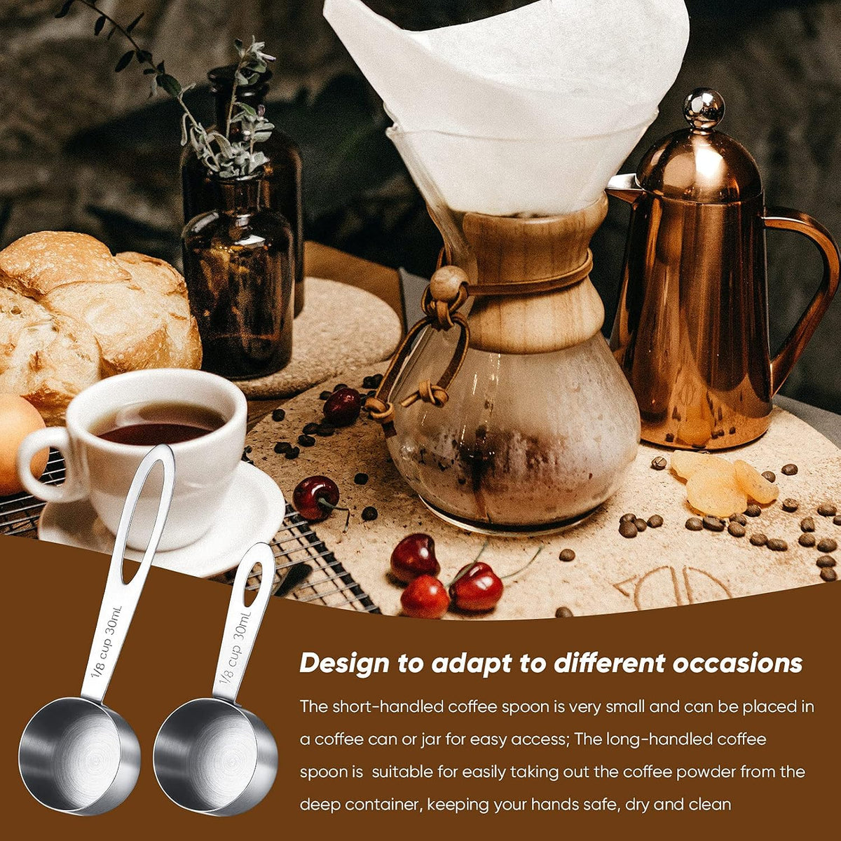 Geiserailie 4 Pcs Coffee Scoop 2 Tablespoon, Stainless Steel 30 ml | 2 Short 2 Long Handles for Tea Sugar Milk, Precise 1/8 Cup Measure, Durable Metal for Kitchen Coffee Bar