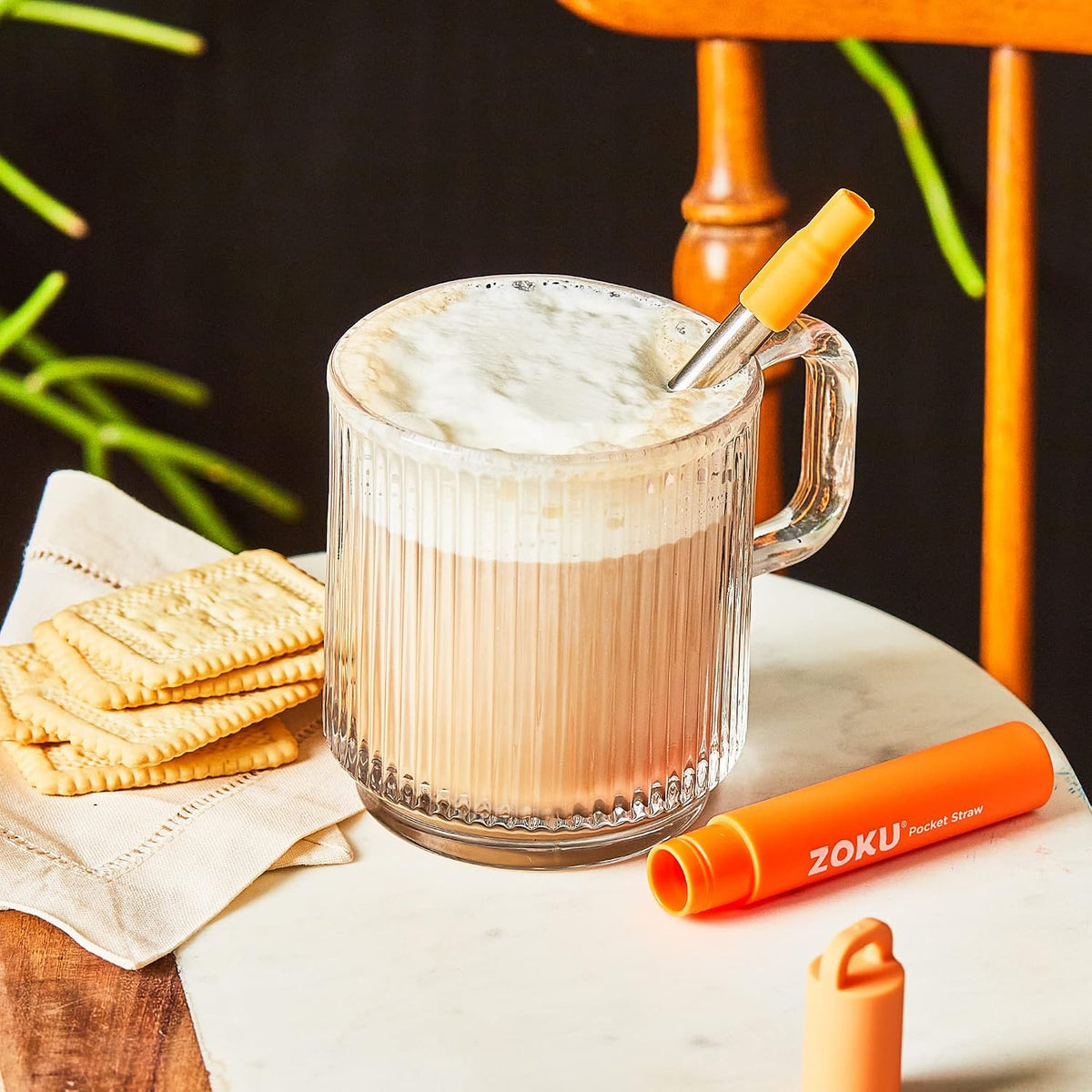 Zoku Reusable Metal Straw with Case, Collapsible Travel Straw - Orange | Collapsible Stainless Steel Drinking Straw with Silicone Tip and Cleaner Brush, Ideal for Key Chains, Pockets, Purses