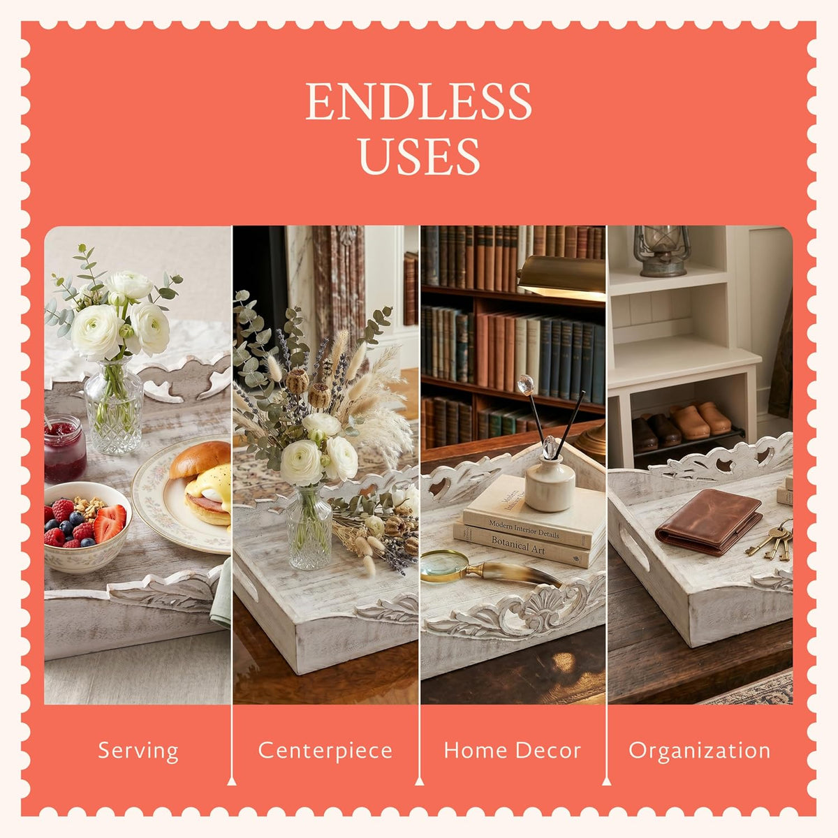 Mela Artisans Orchid Mango Wood Serving Tray - Distressed White, 16x12 in | Ottoman serving tray layout with handles, large handcrafted wooden board excellent for hot coffee, snacks and home décor.