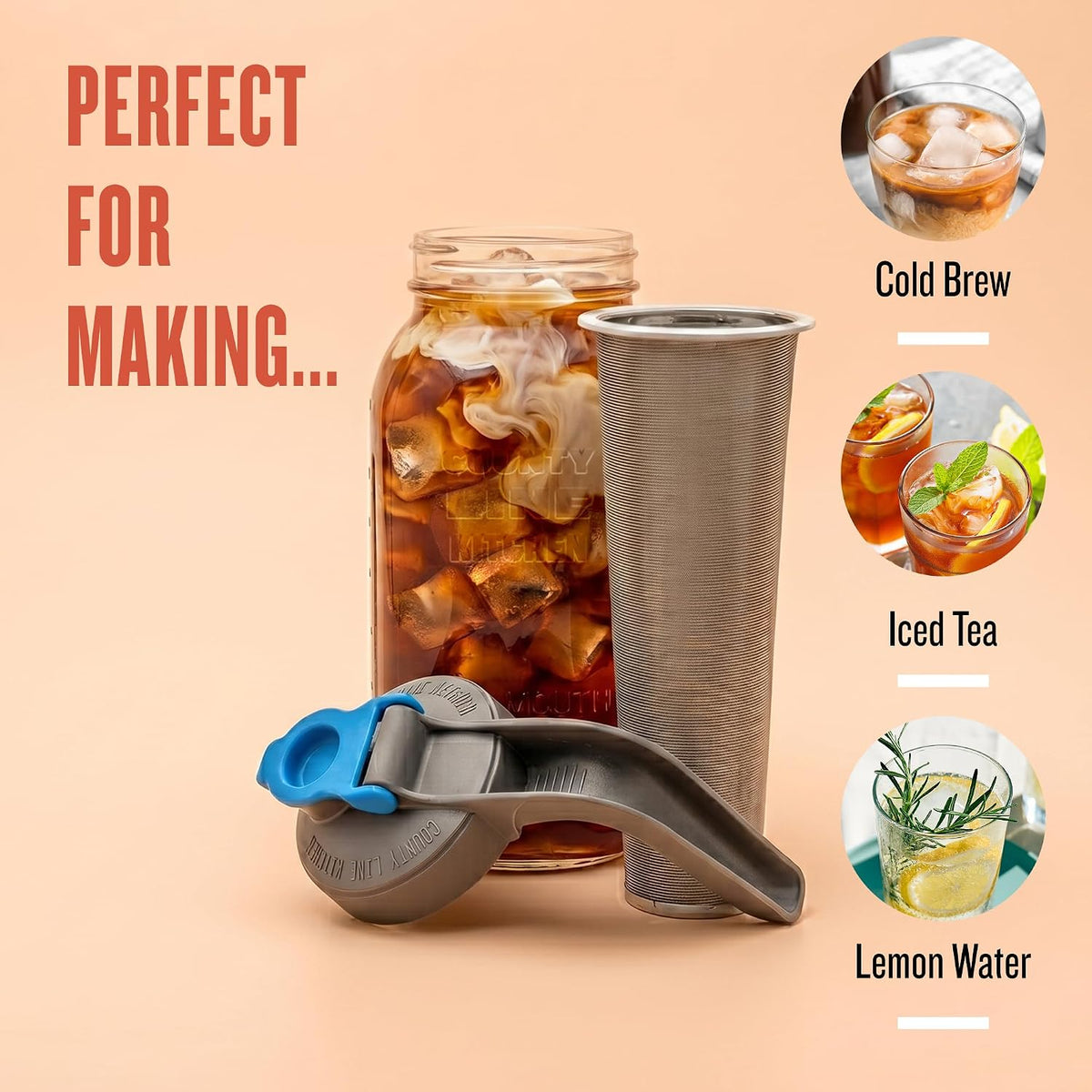 County Line Kitchen 64oz Cold Brew Coffee Maker with Leak Proof Lid - Gray | Glass Cold Brew Coffee Maker - Wide Mouth Mason Jar, Stainless Steel Filter & Leak-Proof Lid (64 oz)