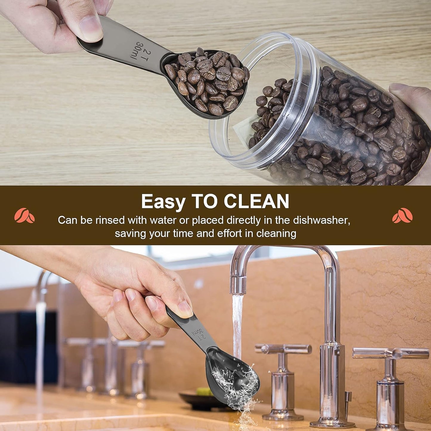 Stainless steel coffee scoop 2-piece set (1 tbsp, 2 tbsp) durable Tablespoon, ergonomic measuring spoon, Suitable for small and large jars,short-handled spoon (Black)