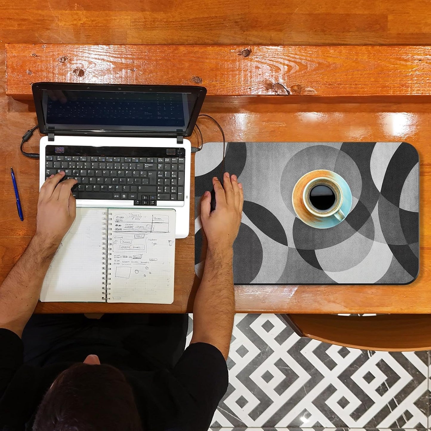 Arttown Coffee Mat for Countertops, 2 Pcs, 12" x 19" Geometric Modern Grey | Black White Dish Drying Mats Rubber Backed, Kitchen Bar Accessories for Espresso Machine Rack Hide Stain
