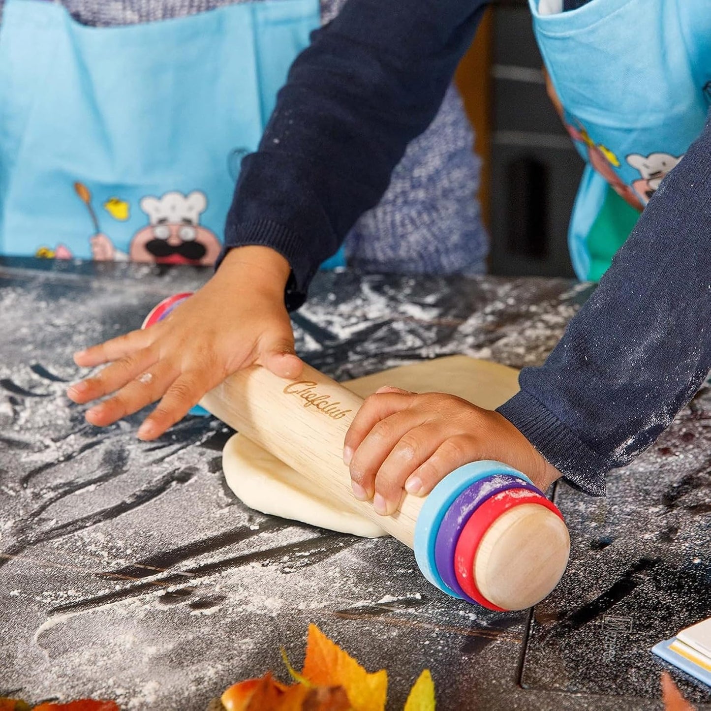 Chefclub Kids Adjustable Wooden Rolling Pin - 3 Removable Silicone Rings - Perfect for Baking & Pastry, Pizza, Pie, Cookie Dough - Precision Baking Tool for Kids | 3 Removable Silicone Rings for 3 Different Dough Thicknesses – 7 mm, 5 mm and 3 mm – Re