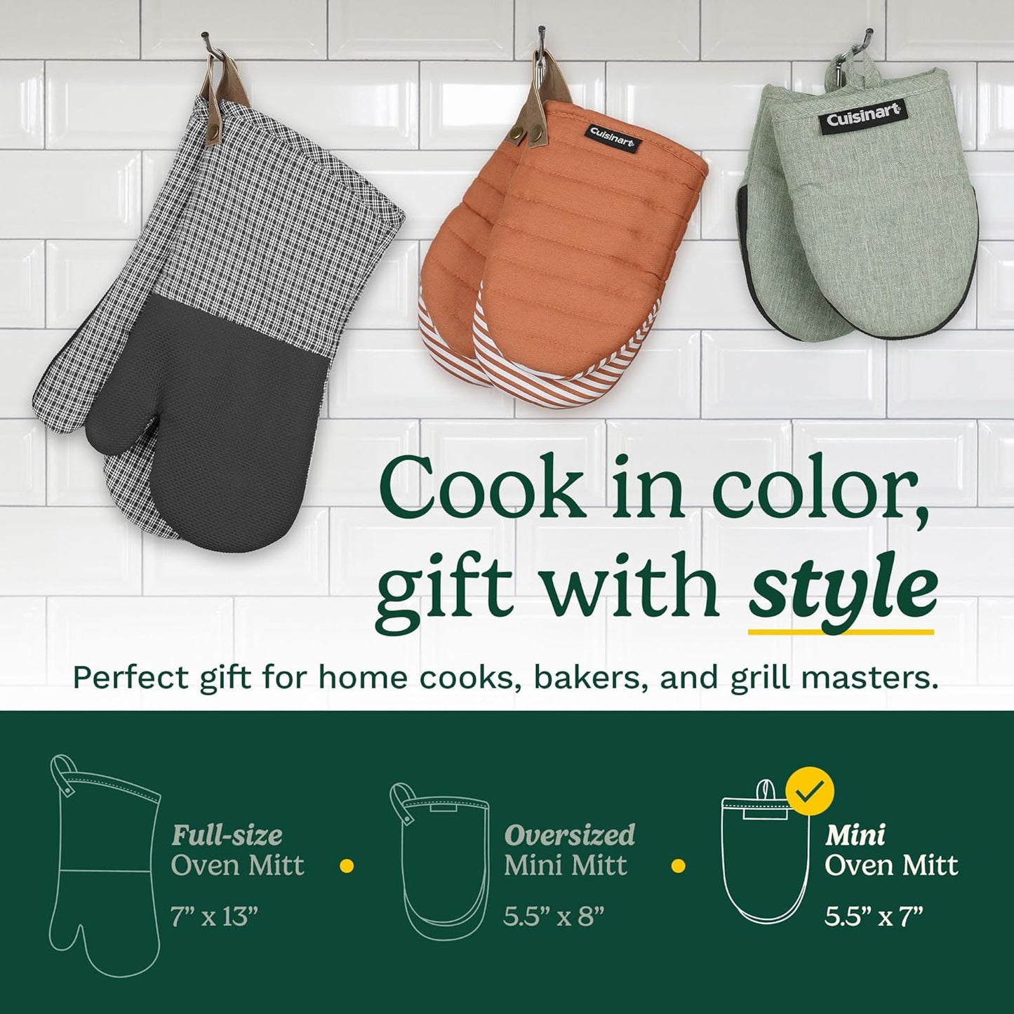Cuisinart Mini Oven Mitts – 5.5” x 7” Heat-Resistant Kitchen Mitts for Oven with Non-Slip Neoprene Palm, Cotton Filling, and Fabric Loop – Durable Oven Mitt Set for Cooking & Baking (Black)