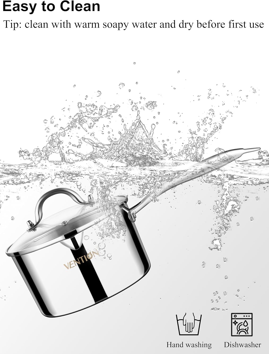 VENTION Tri-Ply Stainless Steel 1 Quart Saucepan with Lid, Bright Small Sauce Pan with Pour Spout, Small Pots for Cooking, Right Hand