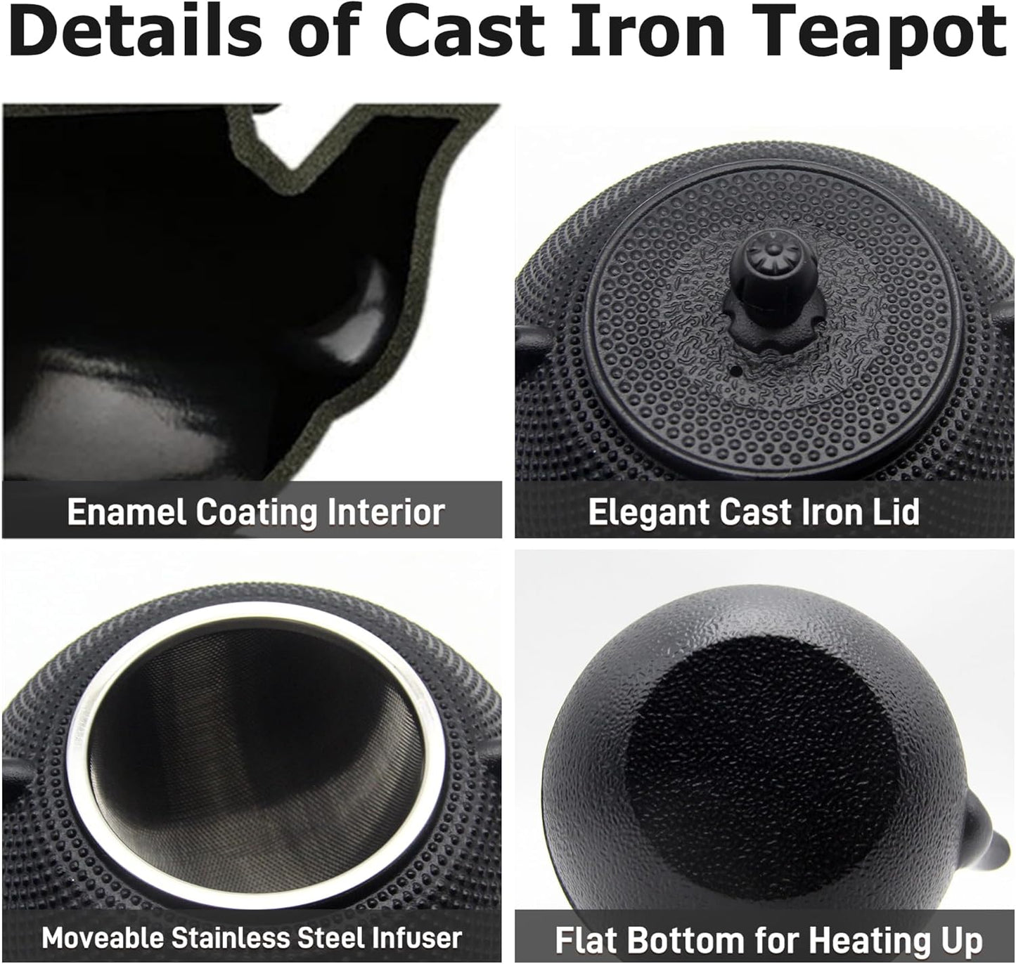 YJX 40.6oz Black Cast Iron Tea Pot Set with Teacups, Japanese Tetsubin