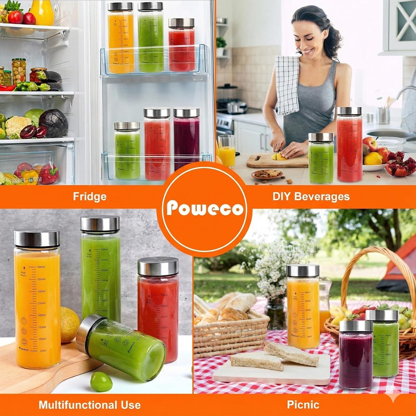 Glass Juice Bottles 4 Pack 12 oz - Wide Mouth Glass Water Bottles with Lids - for Juicing, Protein, Smoothie, Milk, Reusable, BPA Free, Stainless Steel Lids, Blender, Shaker Bottle (12oz/400ml)