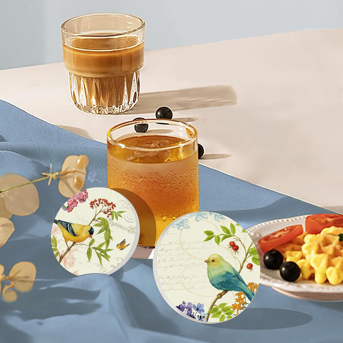 Coaster for Drinks Set of 6, Vintage Watercolor Bird Flower Absorbing Round Ceramic Stone Coaster with Cork Base,Tabletop Protection Mat for Mugs and Cups,Coffee Table Wine Glass Home Bar 4 Inch
