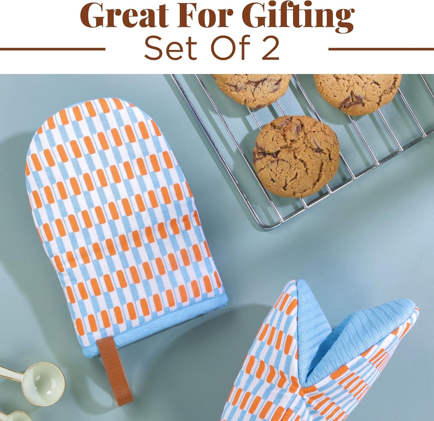 Folkulture Fall Oven Mitts, Orange, Set of 2, Heat Resistant - (5.75"x9") | 100% Cotton, Non Slip, Heat Resistant, Silicone, Cute Striped Mini Mits with Hanging Loop, Fall Kitchen Décor, Cooking Gifts