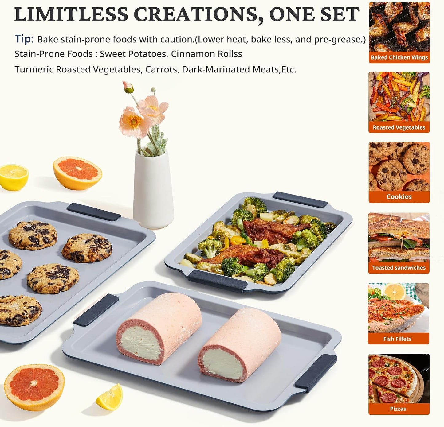 BRONYPRO Non Stick Ceramic Baking Sheet Pan Set of 3, Non Toxic Cookie Sheets (PFOA/PTFE Free), Aluminized Steel Oven Trays with Silicone Handles, Rust-Resistant, Warp-Resistant to 500°F, Blue Gray