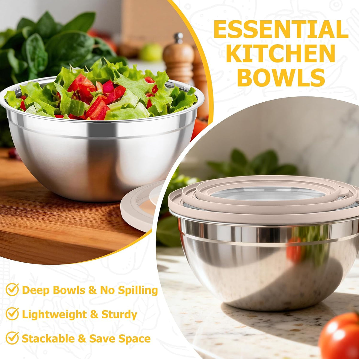 TeamFar Mixing Bowls with Lids, 4.5/3/1.5 QT Stainless Steel Nesting Bowls