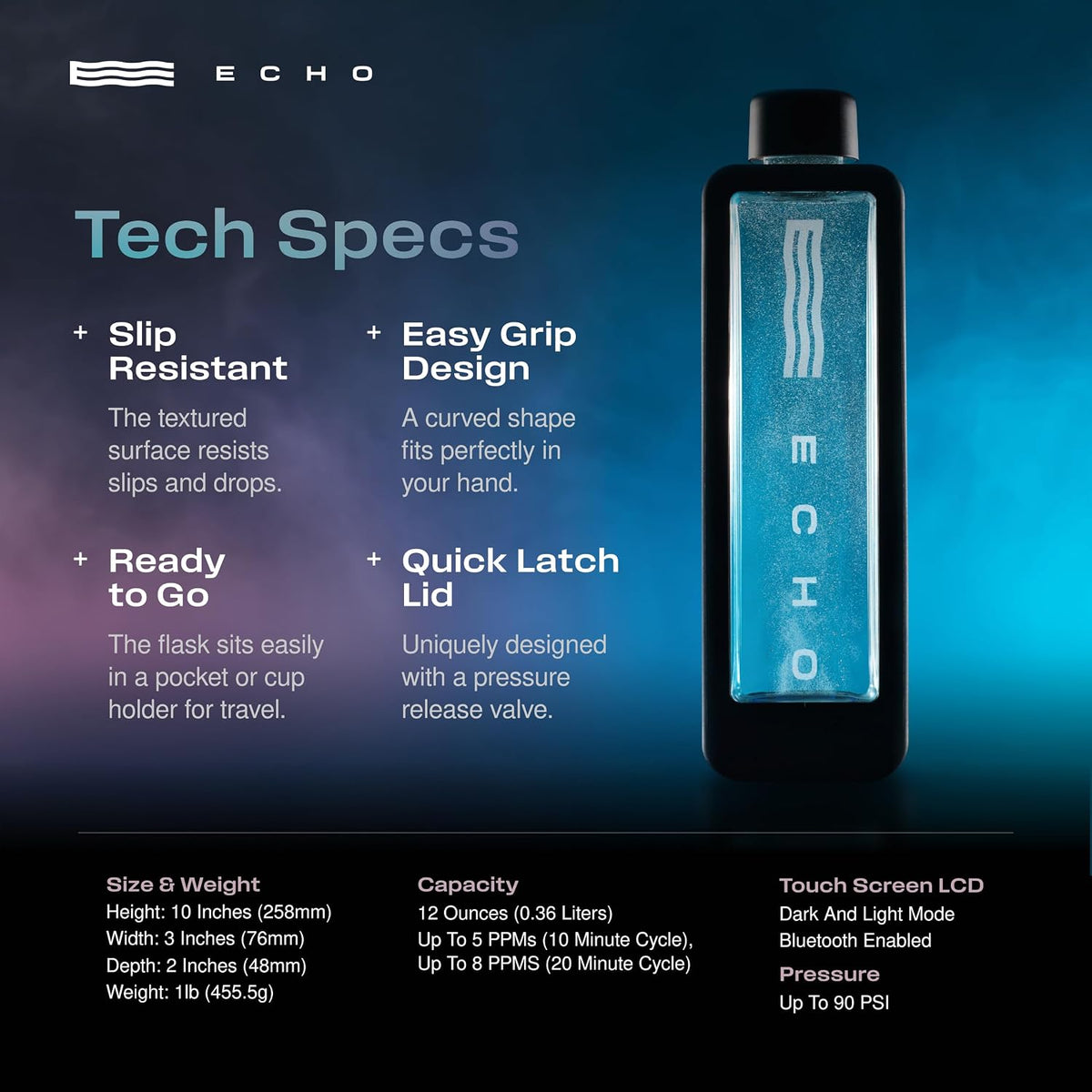 Echo Flask Hydrogen Water Bottle, Black, 12 oz