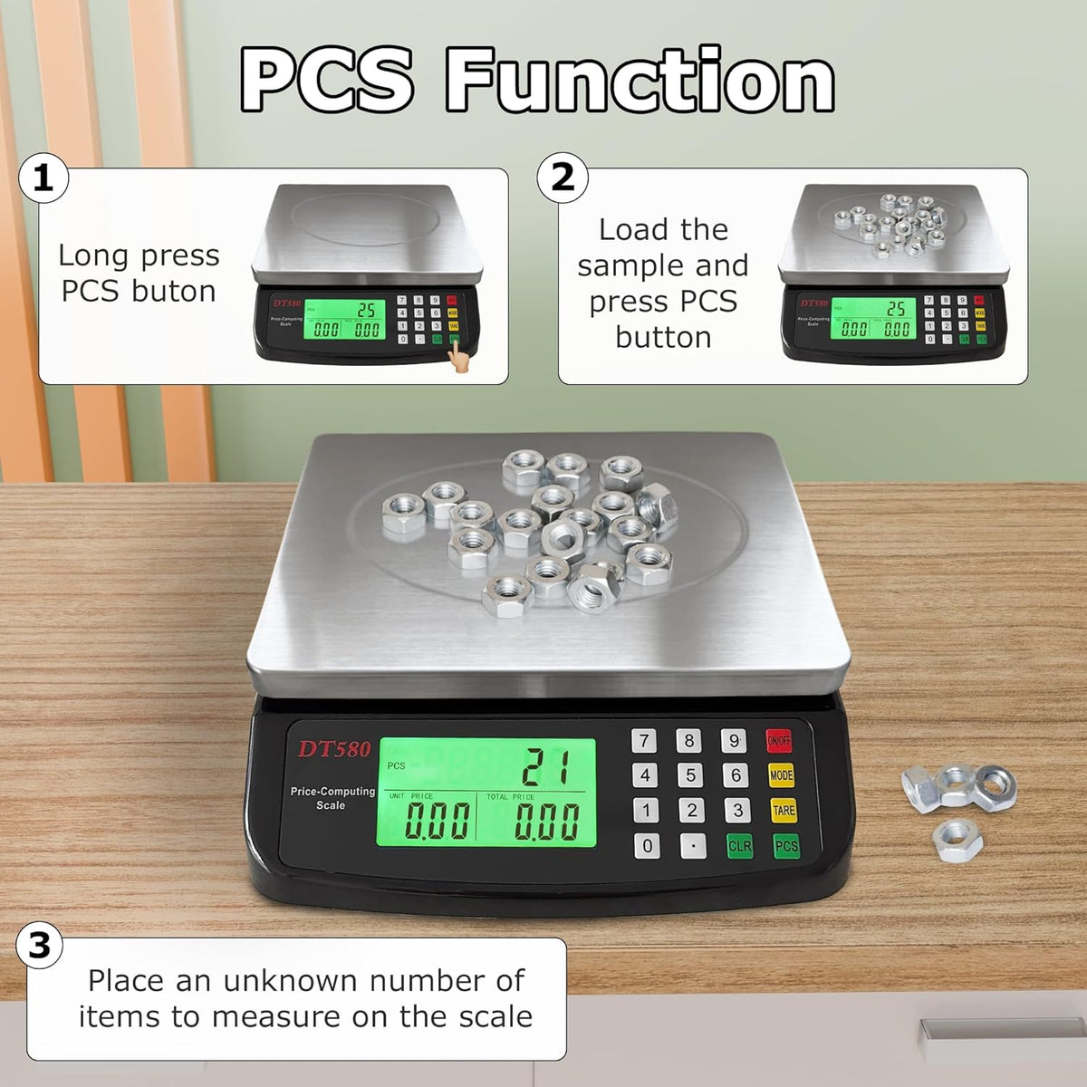 Large Digital Kitchen Scale 40kg/88lb Stainless Steel Price Computing Scale Counting Scale Deli Scale with LCD Display for Baking Bread Cooking Meat Prep Parts and Coins Adapter Included (Black)