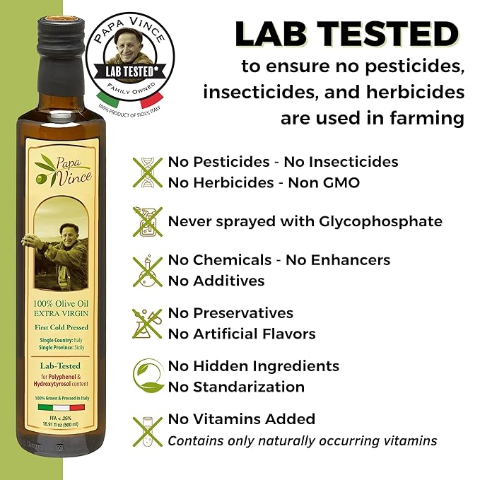 Papa Vince Olive Oil Extra Virgin - First Cold Press Family Harvest 2024/25, Polyphenol Rich, Subtle Peppery Finish, Unrefined, High in Monounsaturated Fat, No Pesticides, No GMO, Sicily, Italy