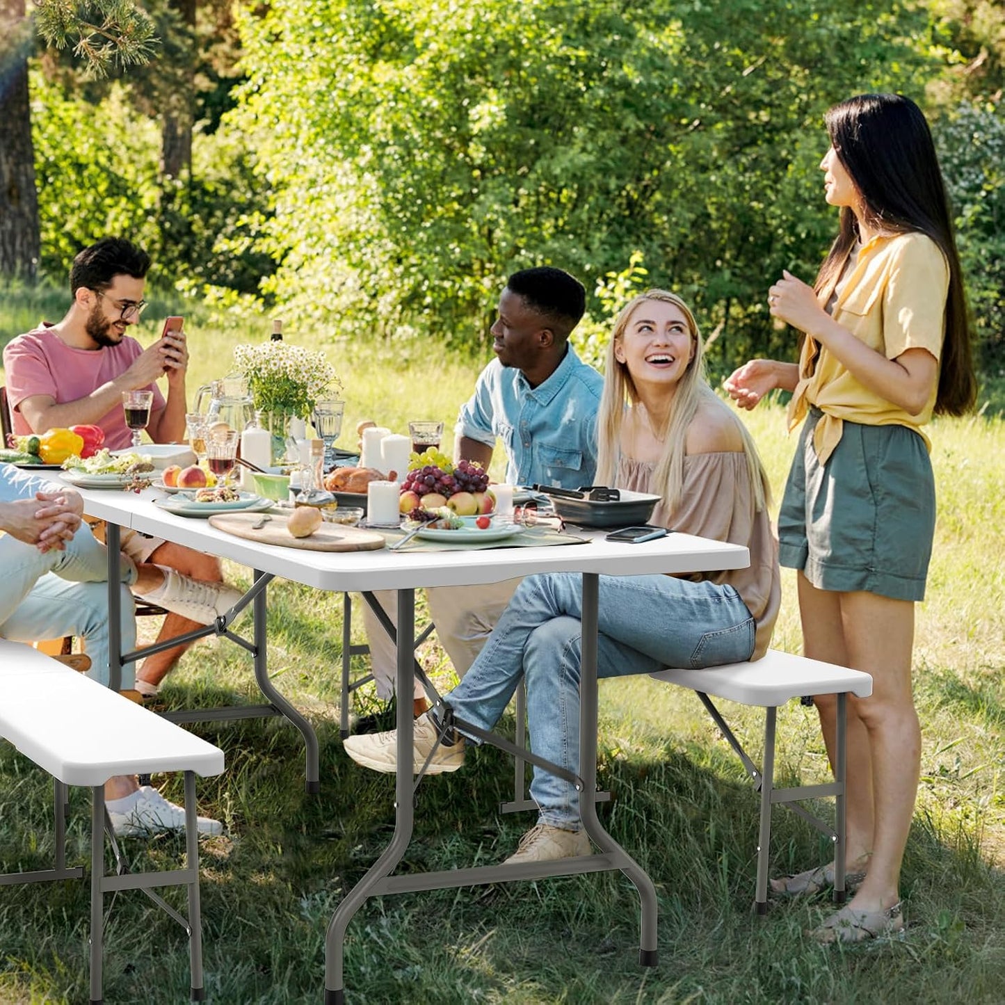 VINGLI Picnic Table Set with 2 Benches, 6 Feet Camping Table Chair Set,3-Piece Folding Furniture for Indoor or Outdoor U