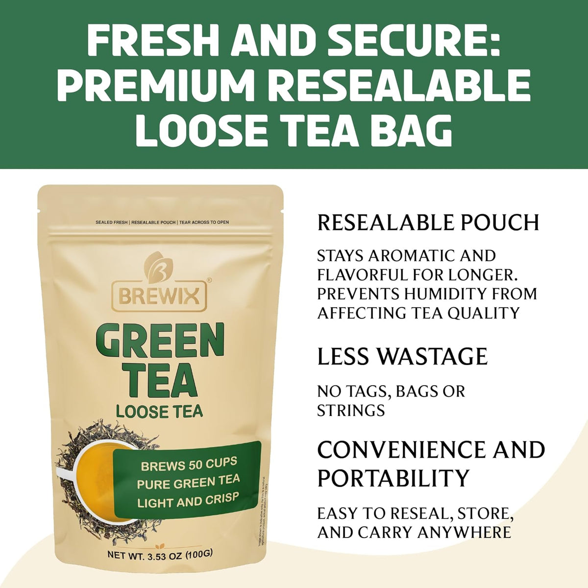 BREWIX Darjeeling Green Tea Loose Leaf (50+ Cups, 3.53oz, 100g) | Pure Single Origin Himalayan Green Tea from India | High Elevation Grown, Smooth and Mellow | Hot or Iced | Gluten Free and Vegan
