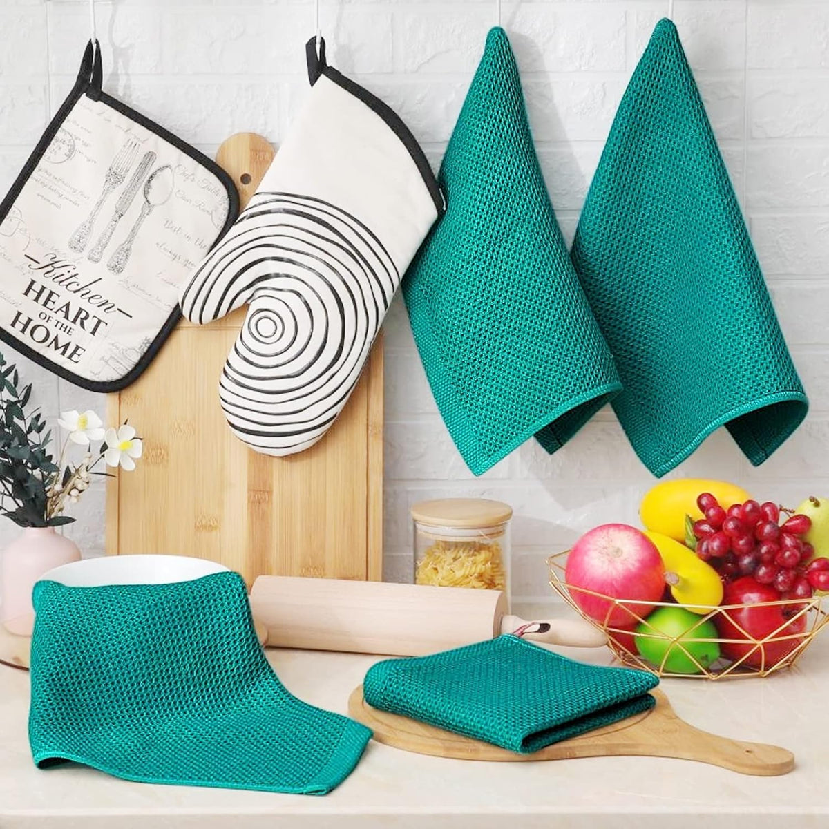 Homaxy 100% Cotton Waffle Weave Kitchen Dish Cloths, Ultra Soft Absorbent Quick Drying Dish Towels, 12 x 12 Inches, 12-Pack, Teal