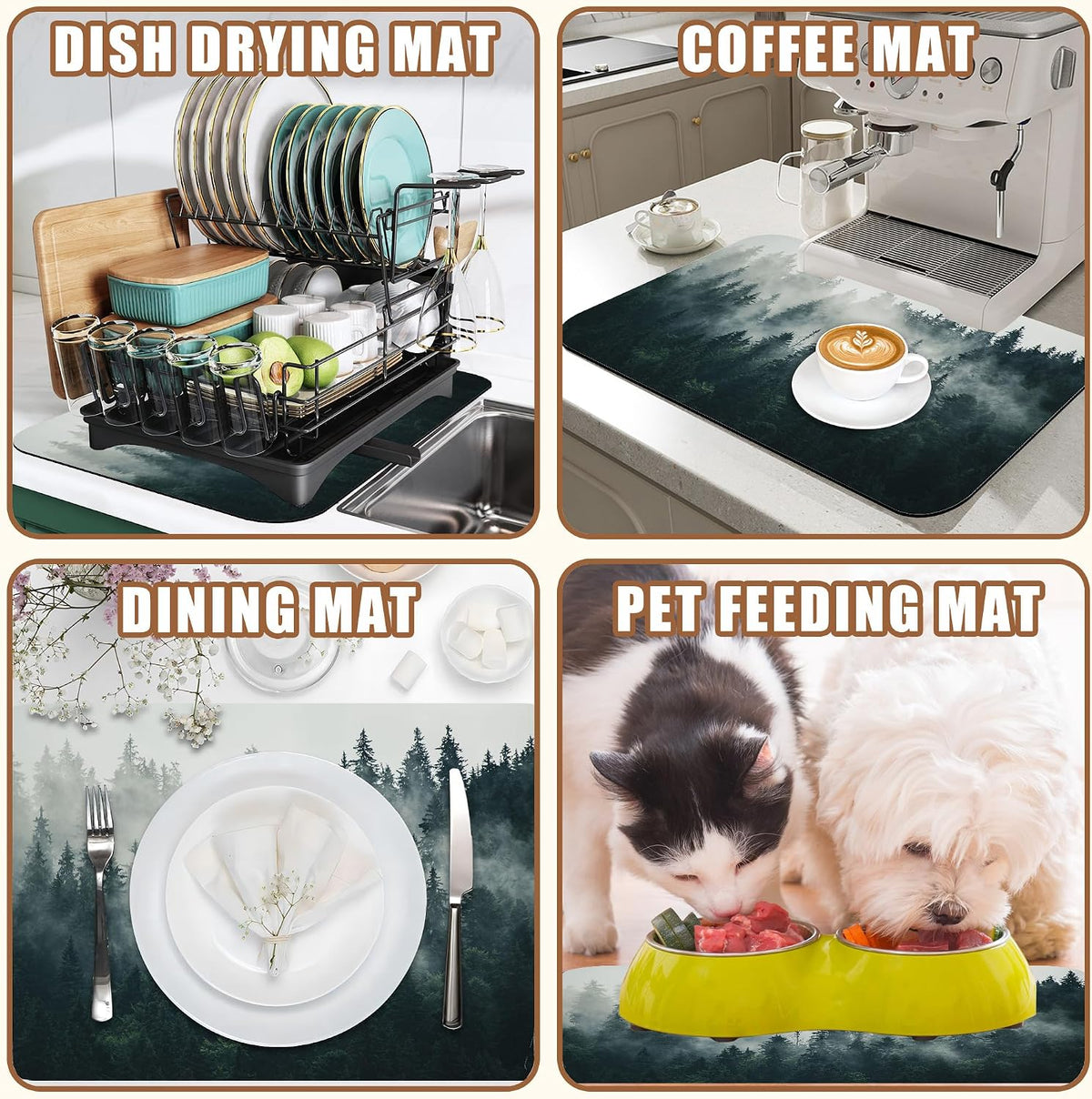 Foggy Forest Coffee Mat Absorbent Dish Drying Mat for Kitchen Counter Hide Stain Rubber Backed Coffee Bar Accessories Fit Under Espresso Machine Dish Drainer, 11.8 x 19.7 Inch